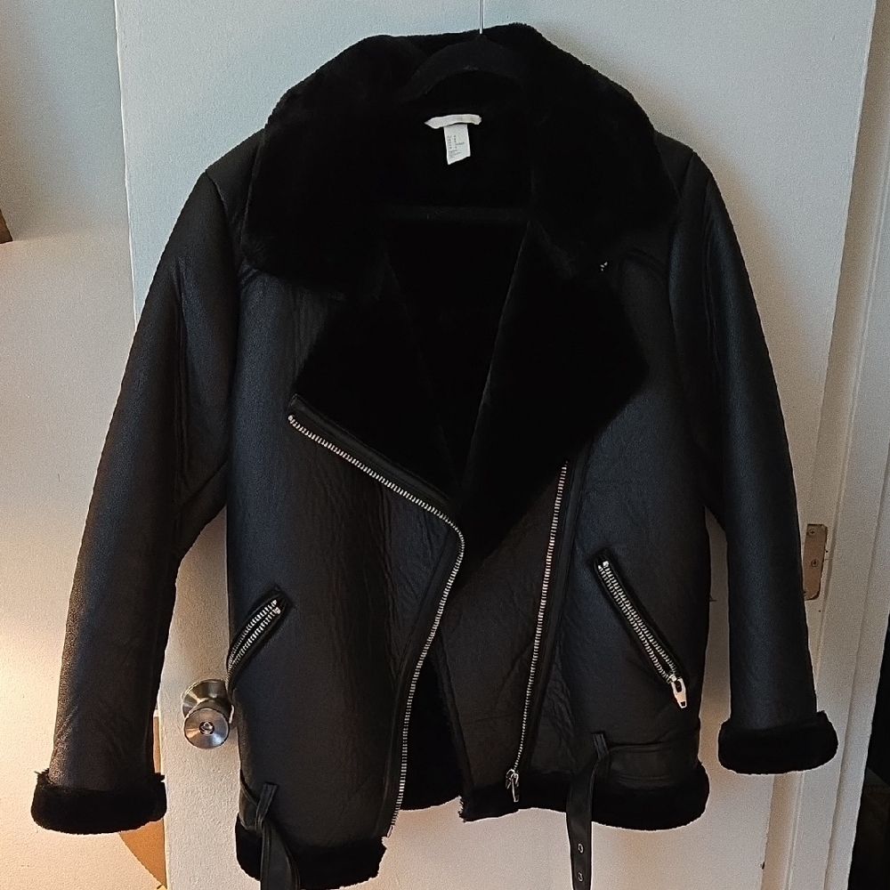 H&M Black Faux Leather Jacket with Plush Collar
